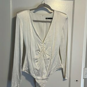 White, Long sleeve, low cut, body suit